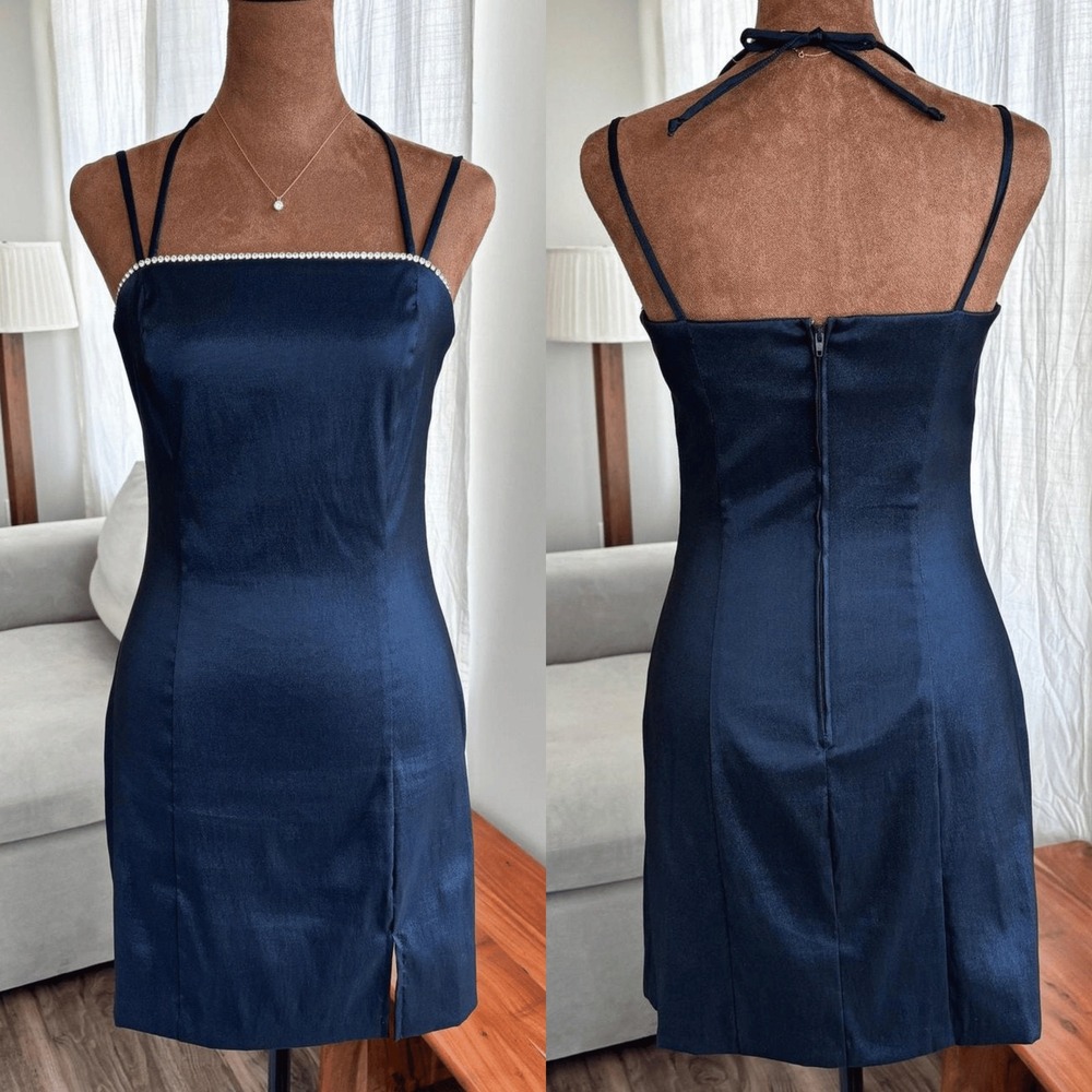 90s Vintage City Triangles Dress Size 5 Navy Satin Rhinestone Y2K Clubwear Glam
